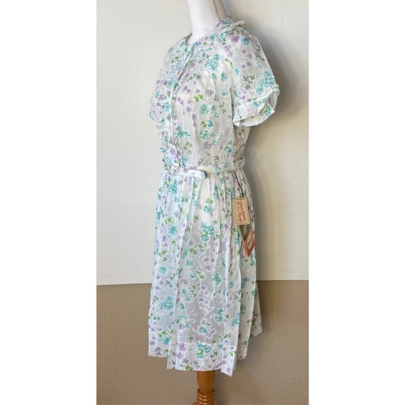 NOS Claire Tiffany Dress Sz 14 Floral Cottage Core Sheer Belted Vtg Chest 44" - Picture 5 of 7